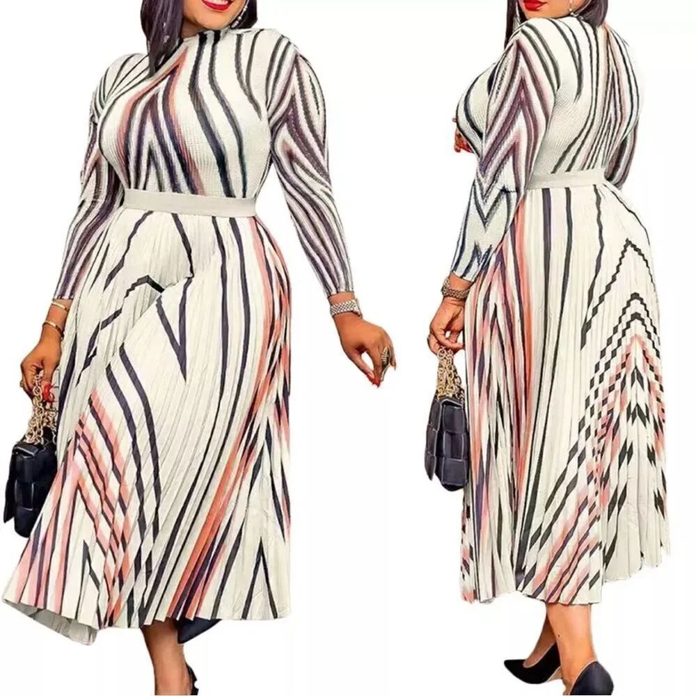 Women’s Long Sleeve Printed Casual Maxi Dress with Pleated Skirt Size M